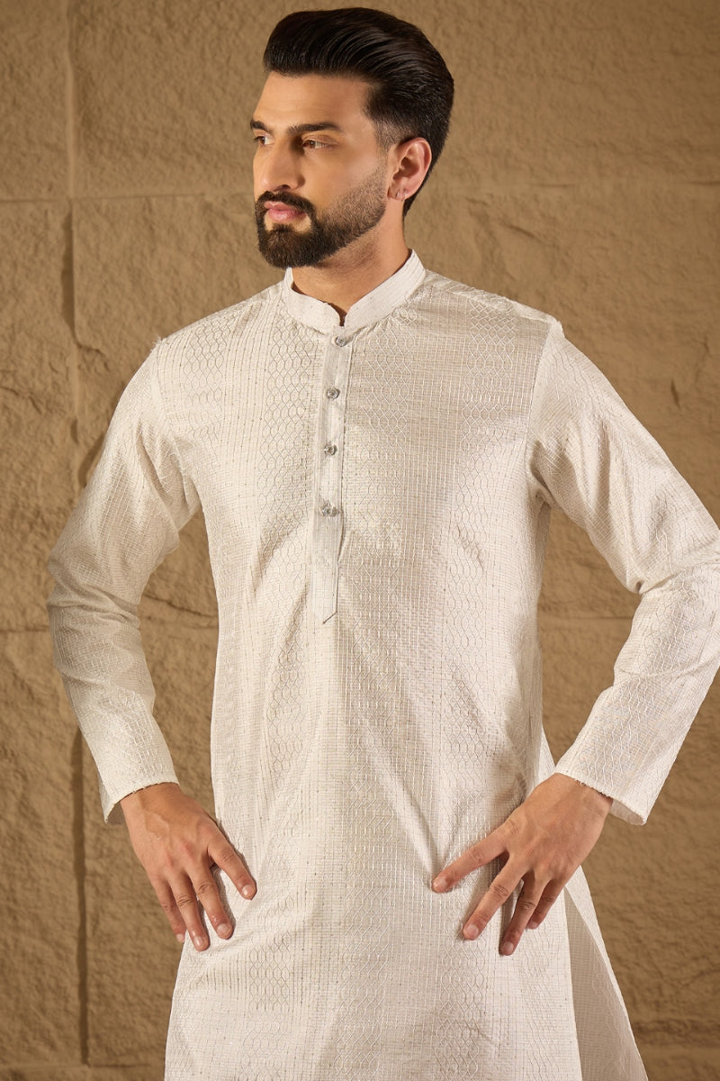 white viscose rayon embroidered mandarin collar straight kurta