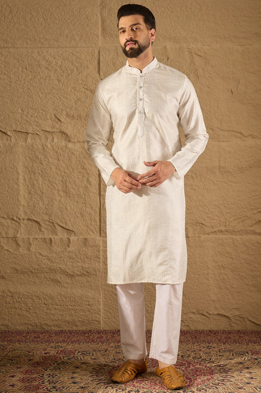 white viscose rayon embroidered mandarin collar straight kurta