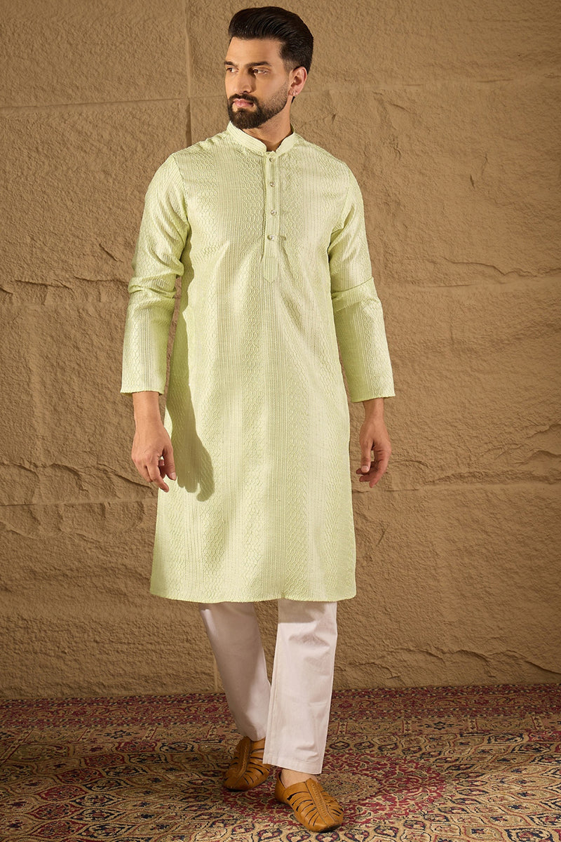 green silk blend embroidered straight kurta