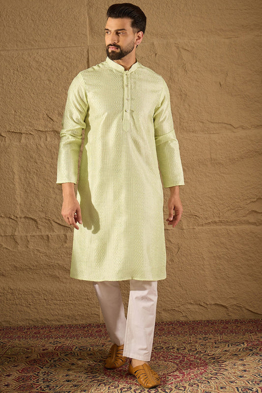green silk blend embroidered straight kurta