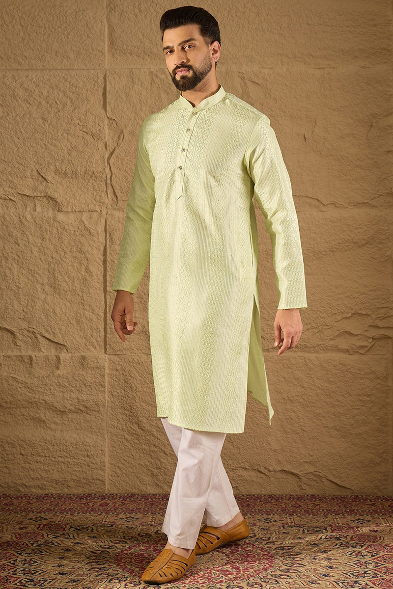 green silk blend embroidered straight kurta