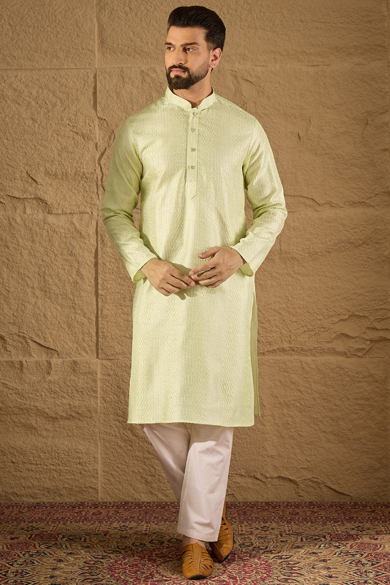 green silk blend embroidered straight kurta