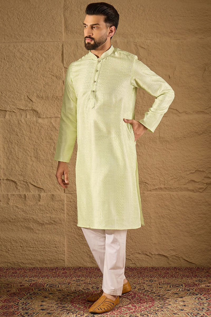 green silk blend embroidered straight kurta