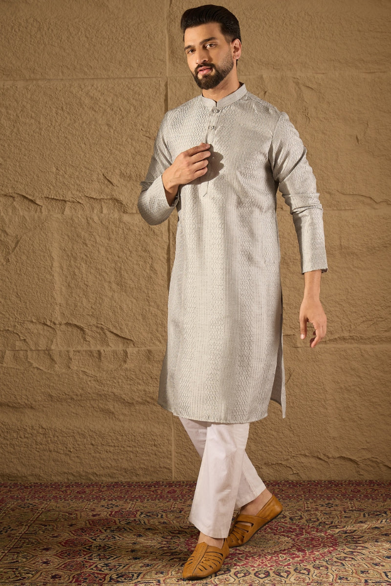Grey Silk Blend Solid Embroidered Straight Kurta