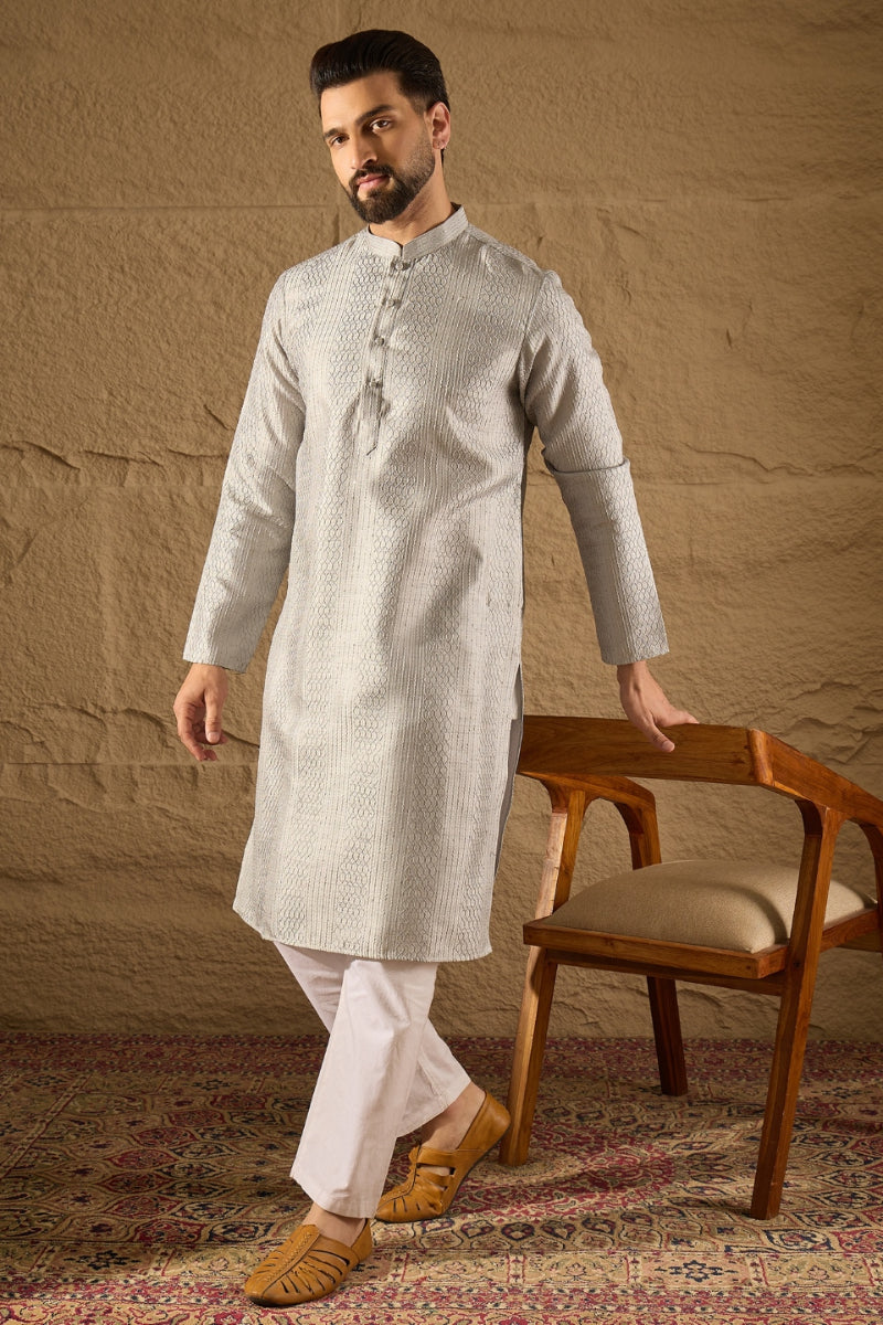 Grey Silk Blend Solid Embroidered Straight Kurta