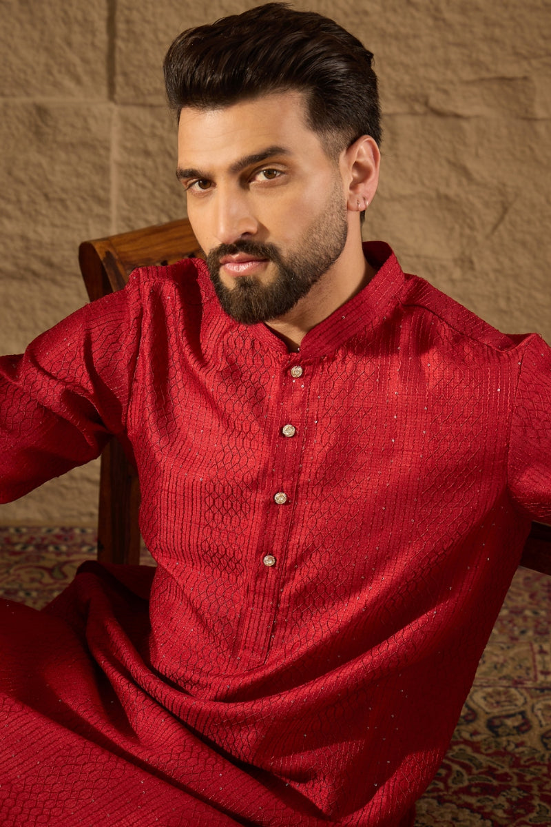 red silk blend solid embroidered straight kurta with trouser