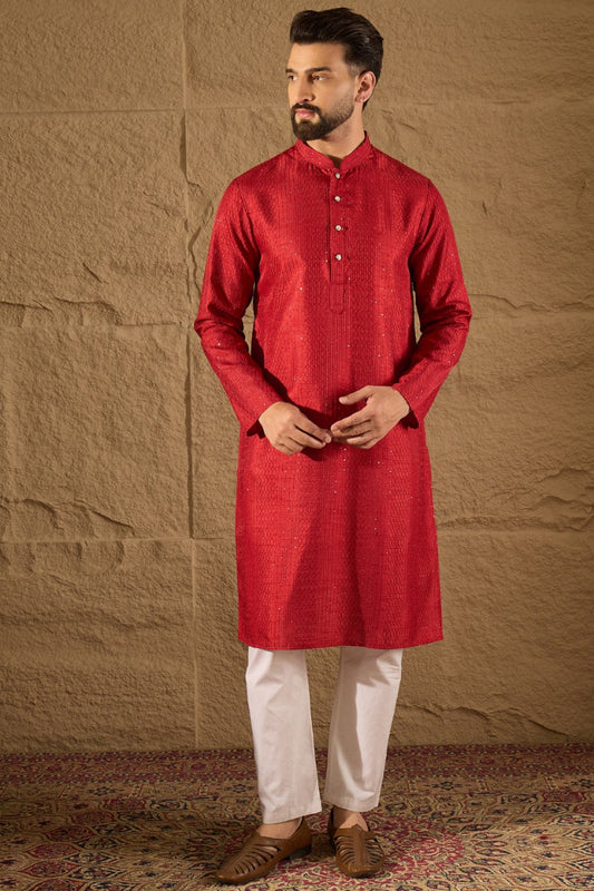 red silk blend solid embroidered straight kurta with trouser