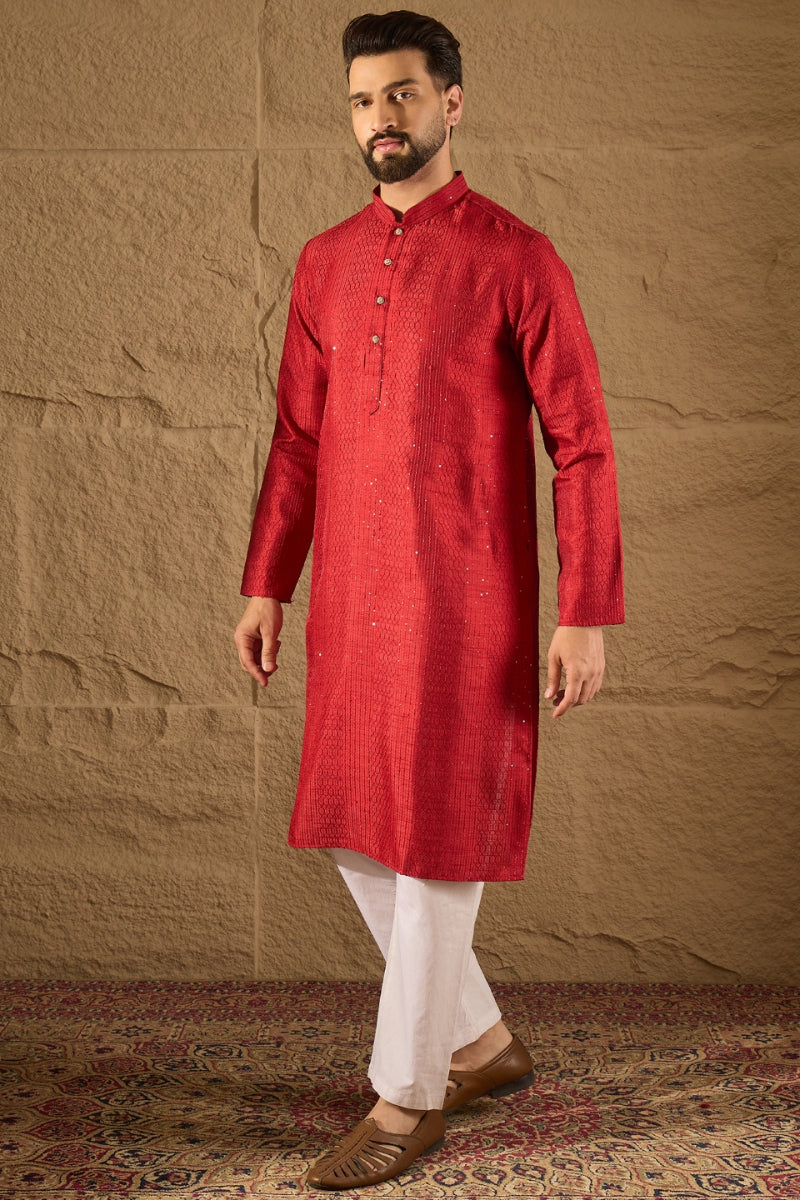 red viscose rayon embroidered mandarin collar straight kurta