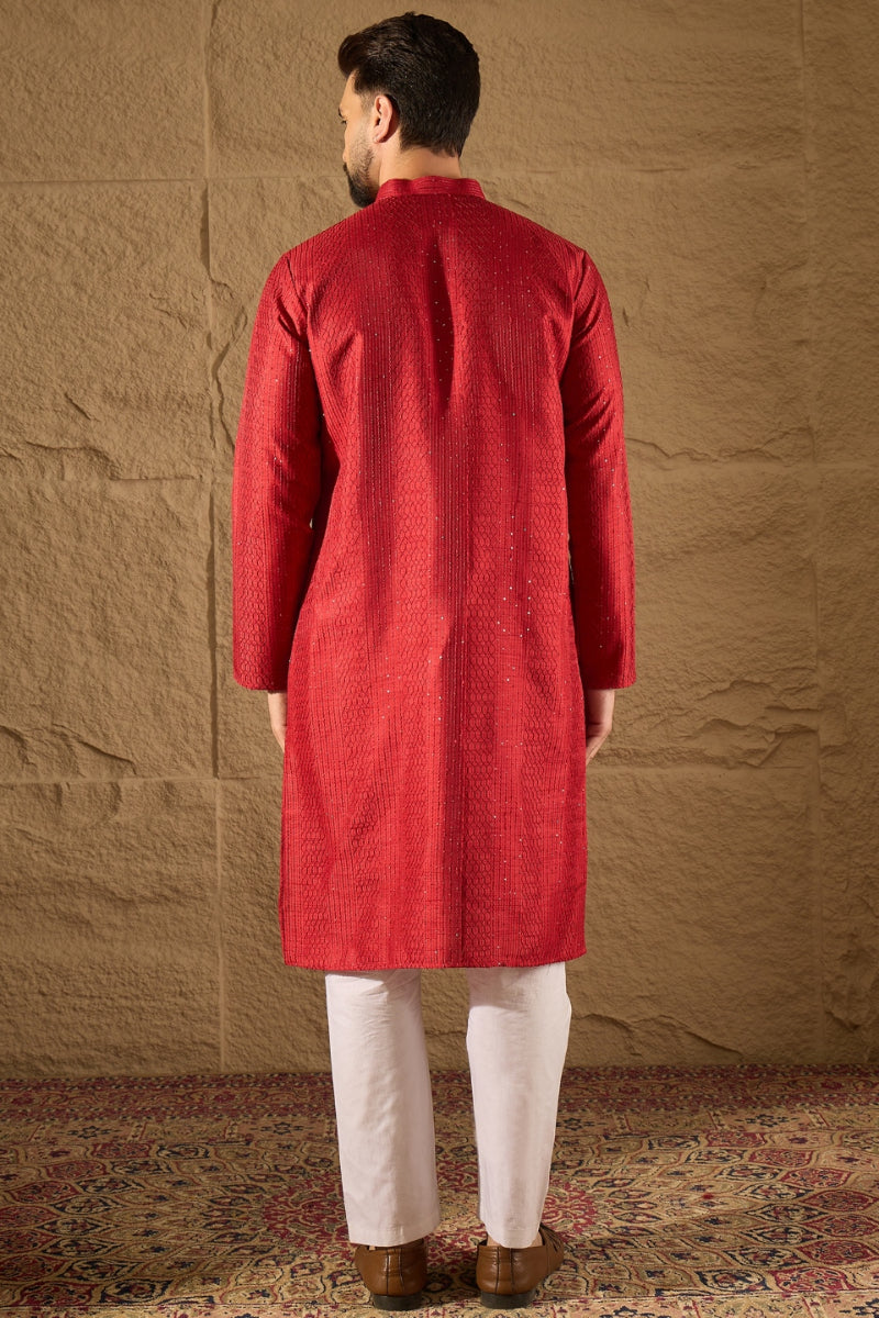 red silk blend solid embroidered straight kurta with trouser