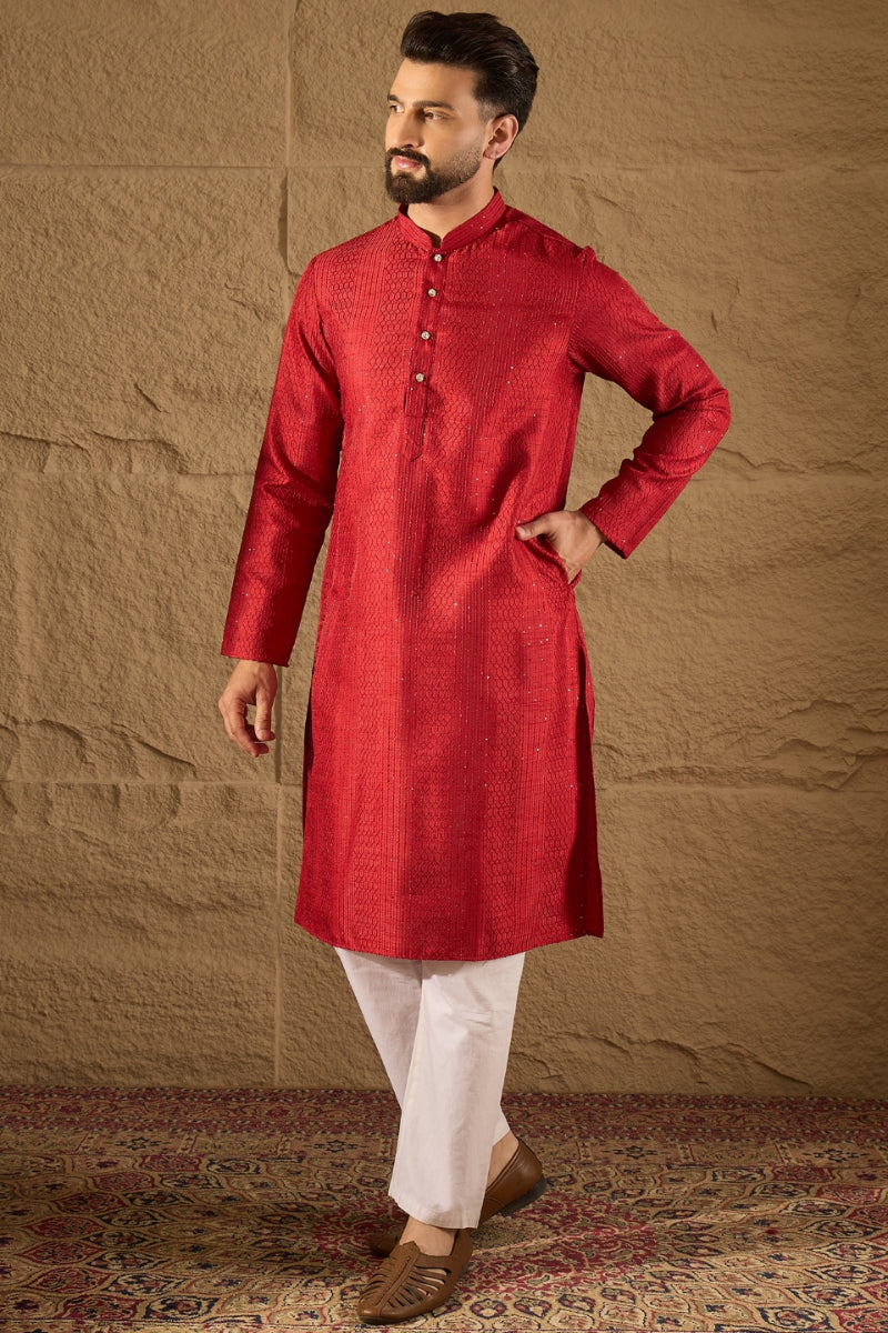 red silk blend solid embroidered straight kurta with trouser