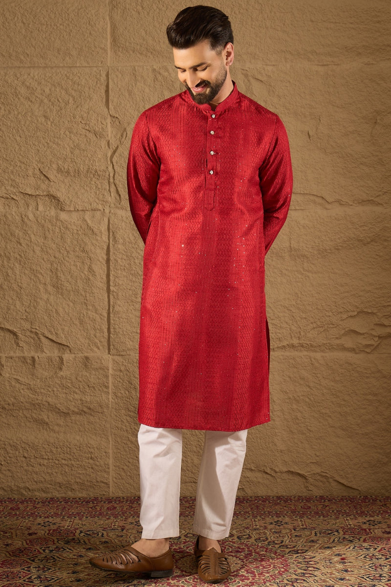 red silk blend solid embroidered straight kurta with trouser