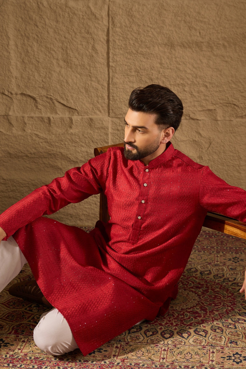 red silk blend solid embroidered straight kurta with trouser