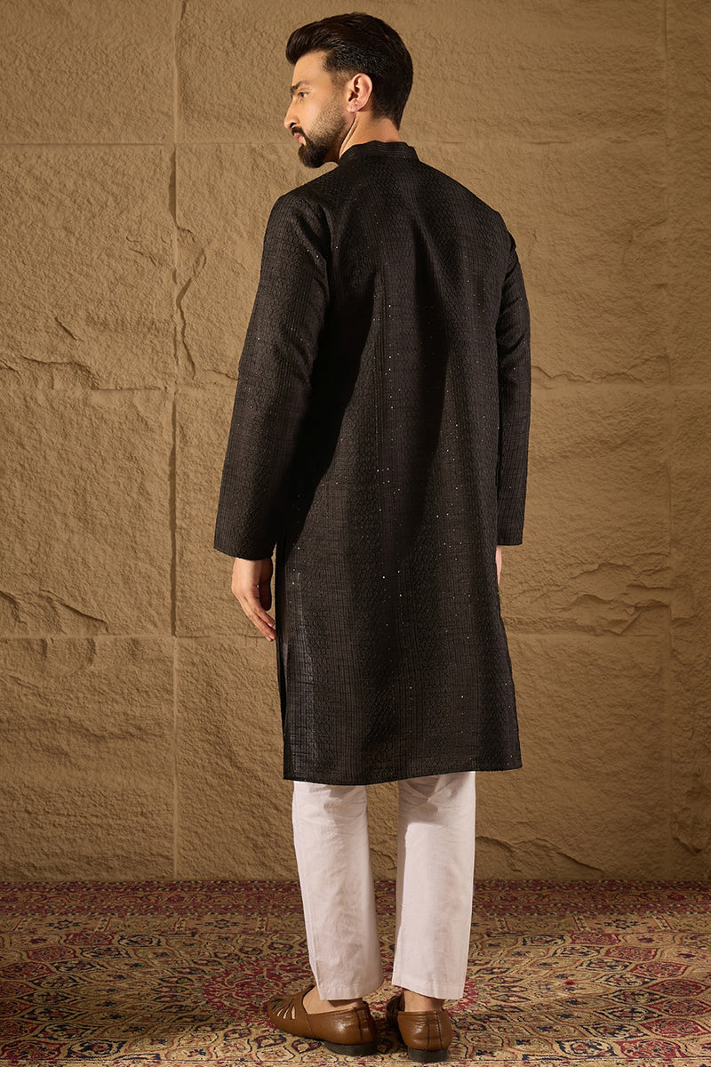 Black Silk Blend Solid Embroidered Straight Kurta with Trouser