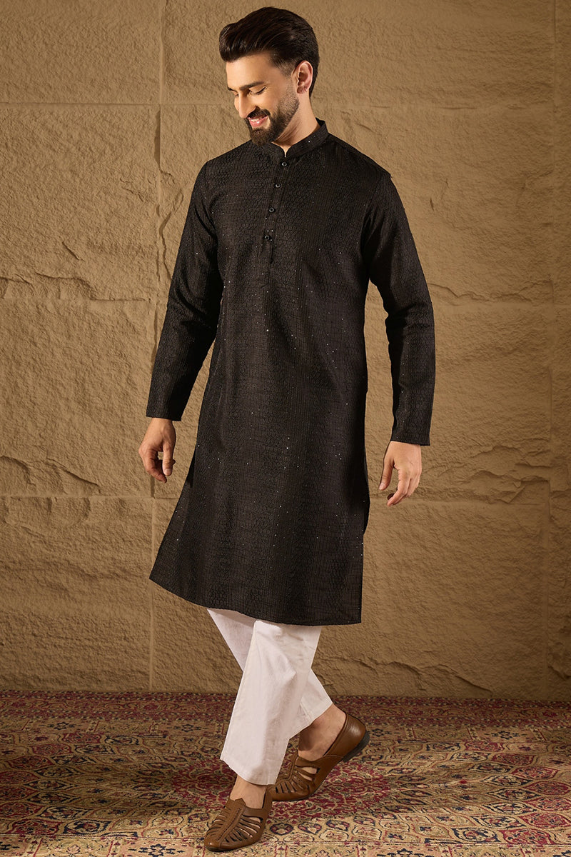 Black Silk Blend Solid Embroidered Straight Kurta with Trouser
