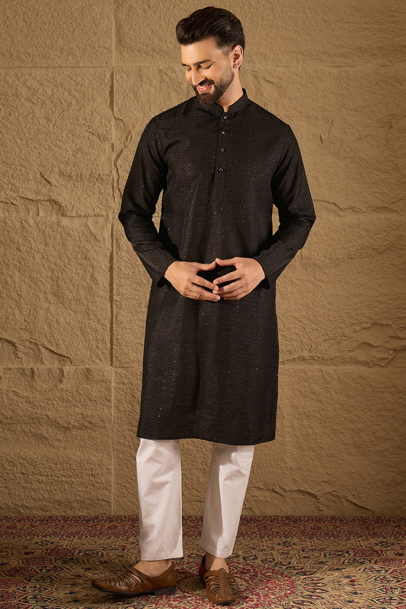 Black Silk Blend Solid Embroidered Straight Kurta with Trouser