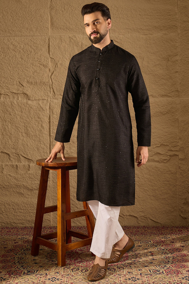 Black Silk Blend Solid Embroidered Straight Kurta with Trouser