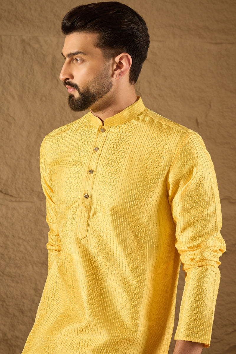 yellow silk blend solid embroidered straight kurta with trouser