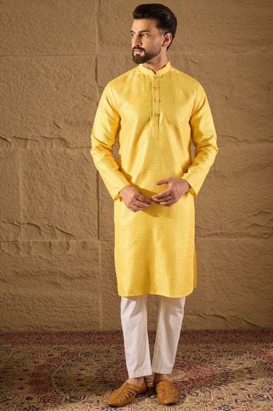 yellow silk blend solid embroidered straight kurta with trouser