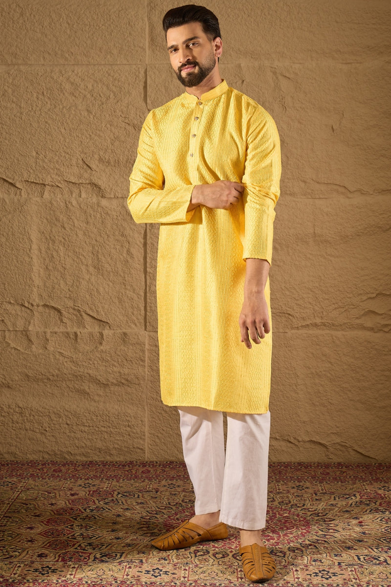 yellow silk blend solid embroidered straight kurta with trouser