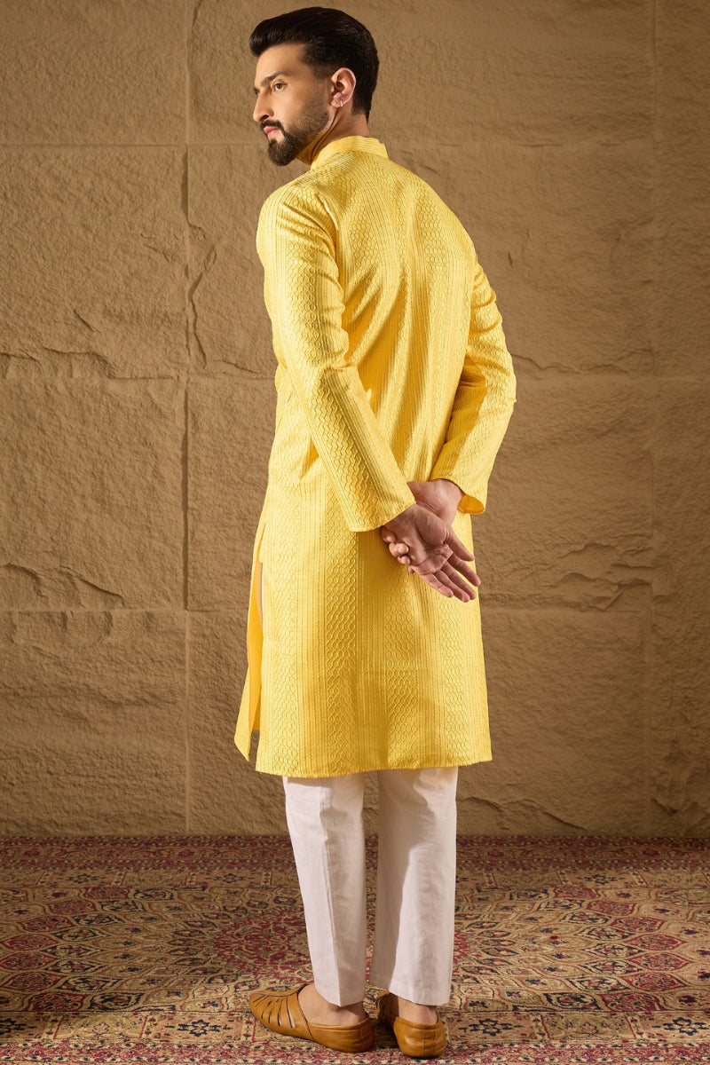 yellow silk blend solid embroidered straight kurta with trouser