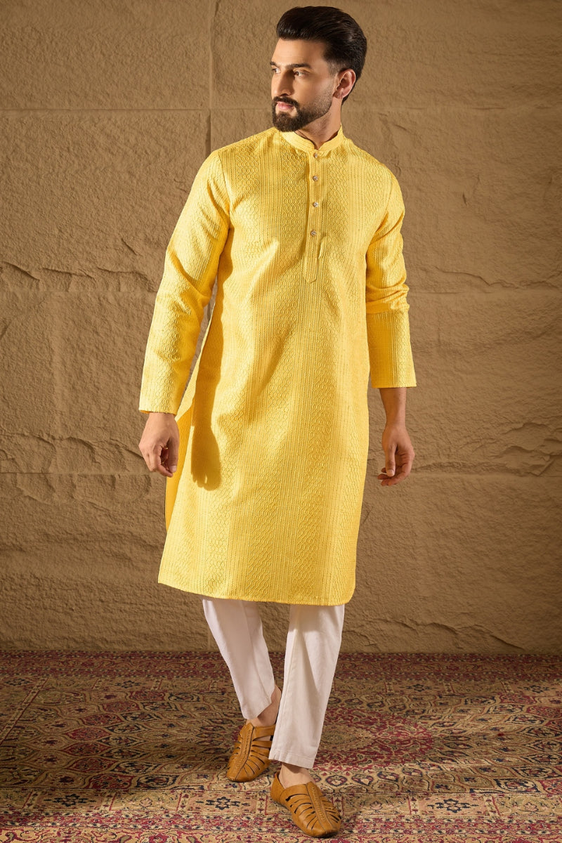 yellow silk blend solid embroidered straight kurta with trouser