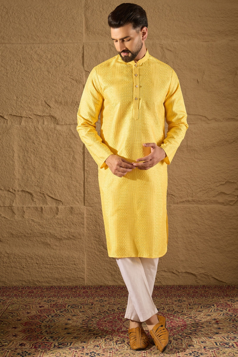 yellow silk blend solid embroidered straight kurta with trouser