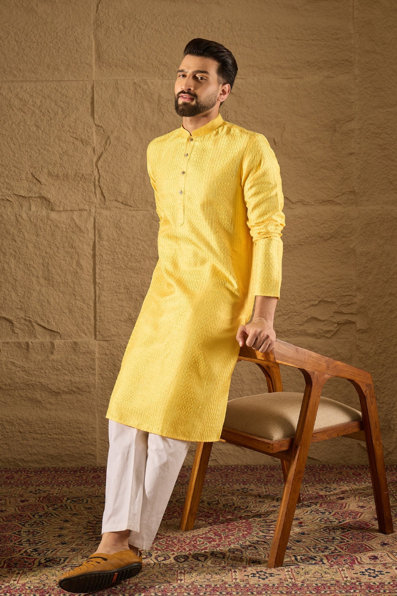 yellow silk blend solid embroidered straight kurta with trouser