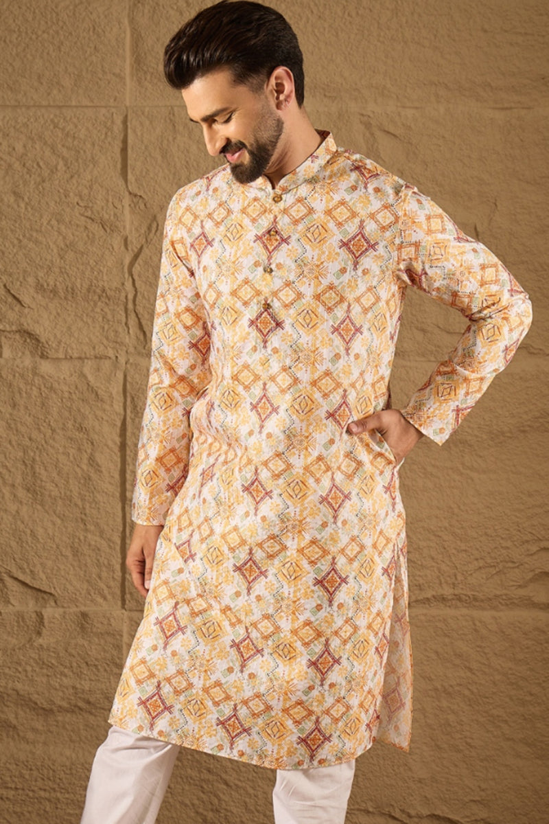 White Silk Blend Geometric Embroidered Straight Kurta MKU1310