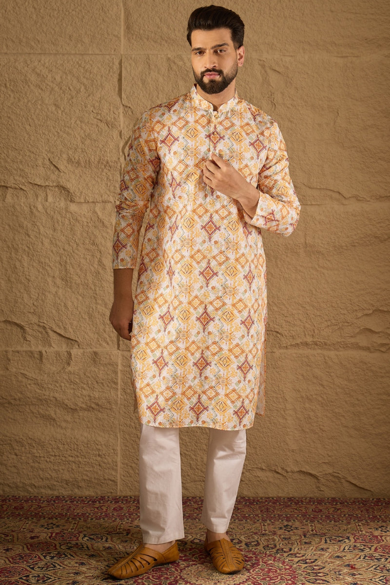 White Silk Blend Geometric Embroidered Straight Kurta