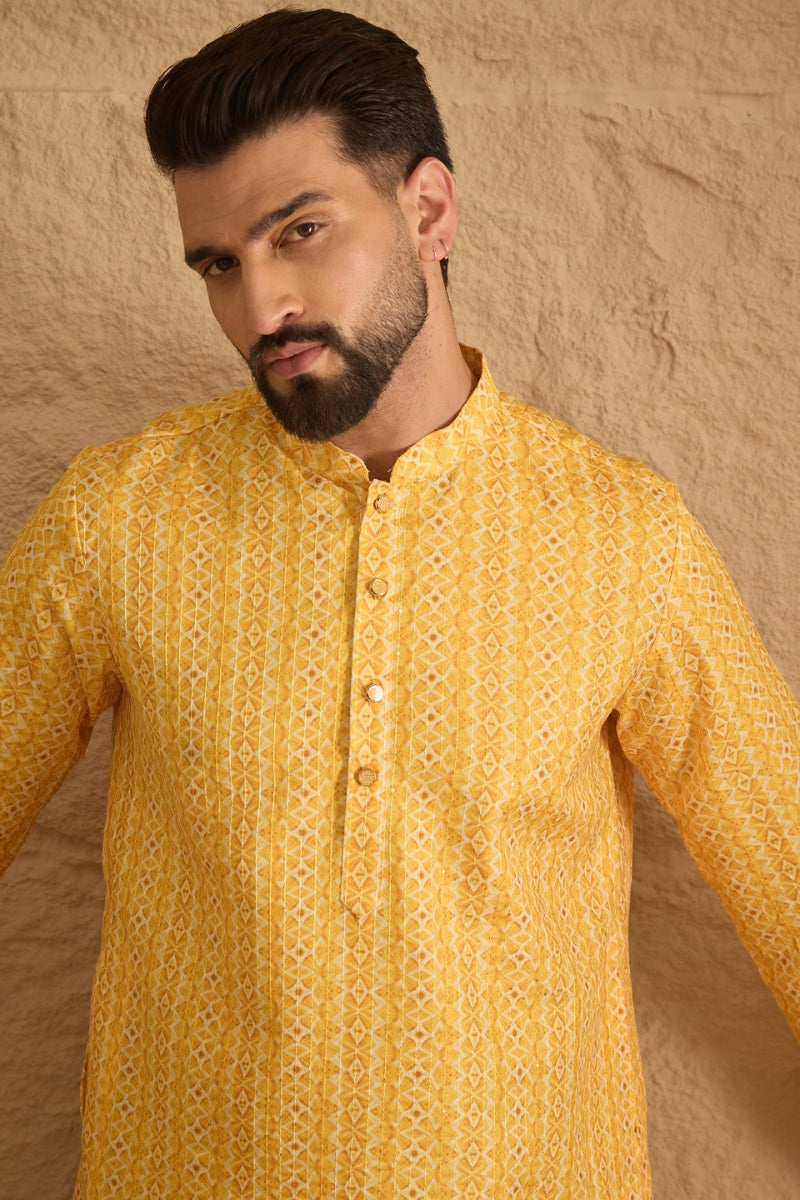 yellow silk blend geometric embroidered straight kurta