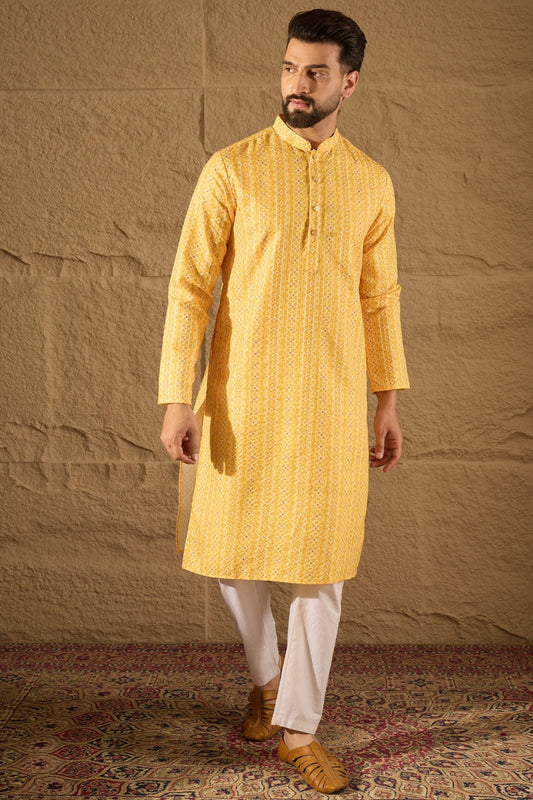 yellow silk blend geometric embroidered straight kurta