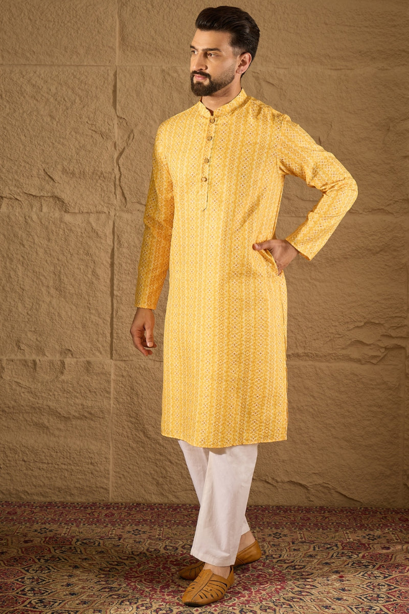 yellow silk blend geometric embroidered straight kurta