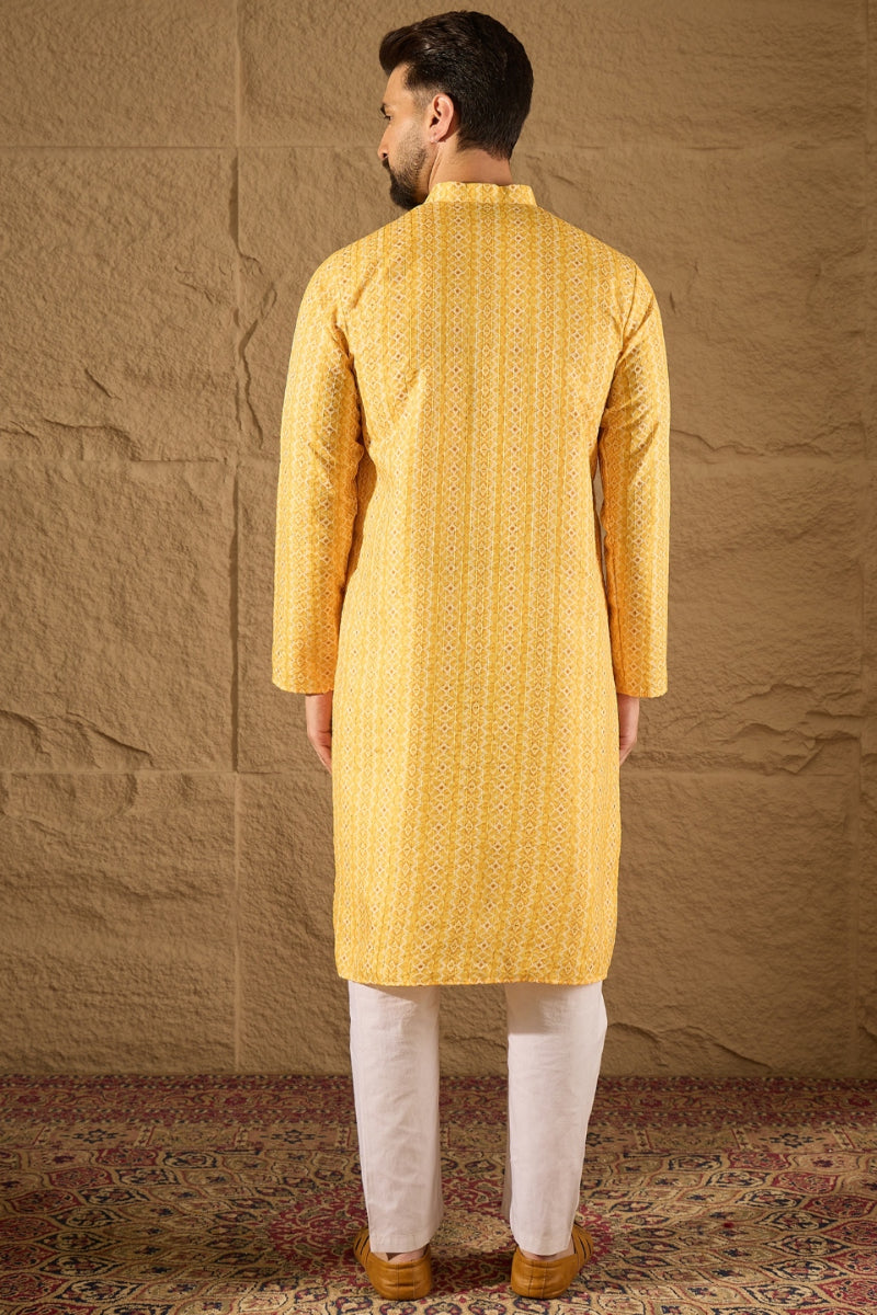yellow silk blend geometric embroidered straight kurta