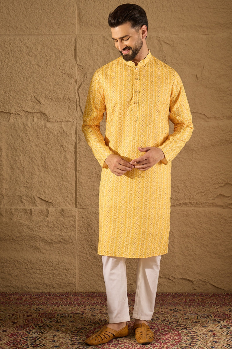 yellow silk blend geometric embroidered straight kurta