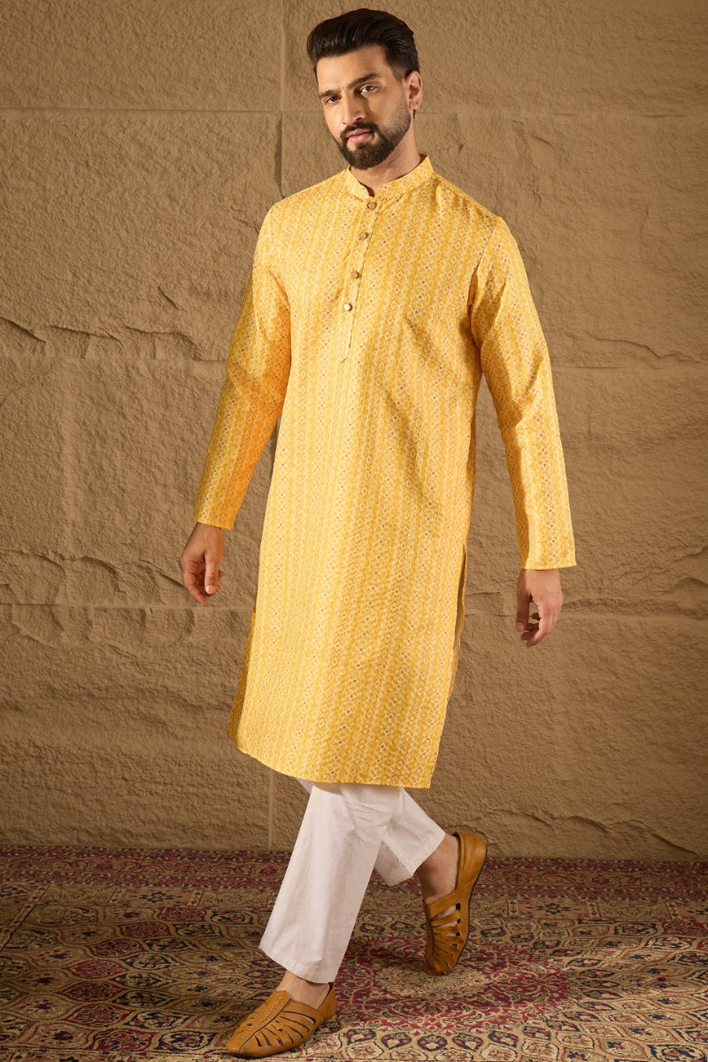 yellow silk blend geometric embroidered straight kurta