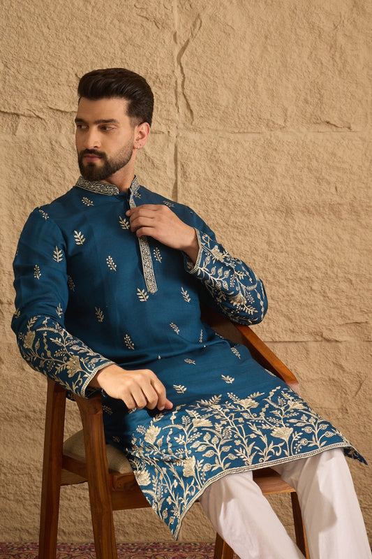 blue vertican solid embroidered straight kurta