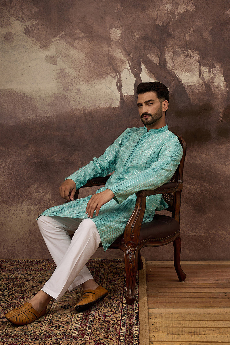 Blue Viscose Rayon Embroidered Straight Kurta