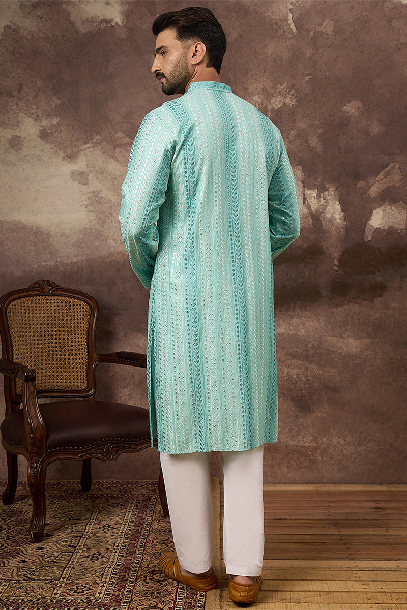 Blue Viscose Rayon Embroidered Straight Kurta