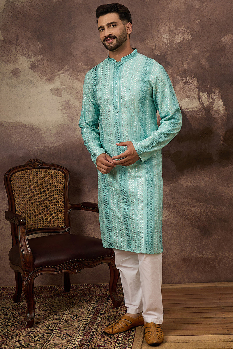 Blue Viscose Rayon Embroidered Straight Kurta