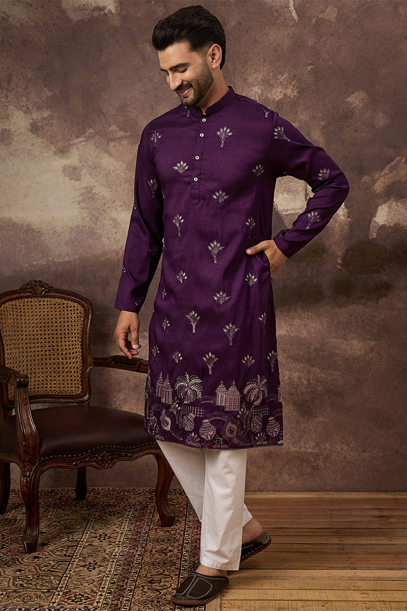 Purple Silk Blend Solid Embroidered Straight Kurta