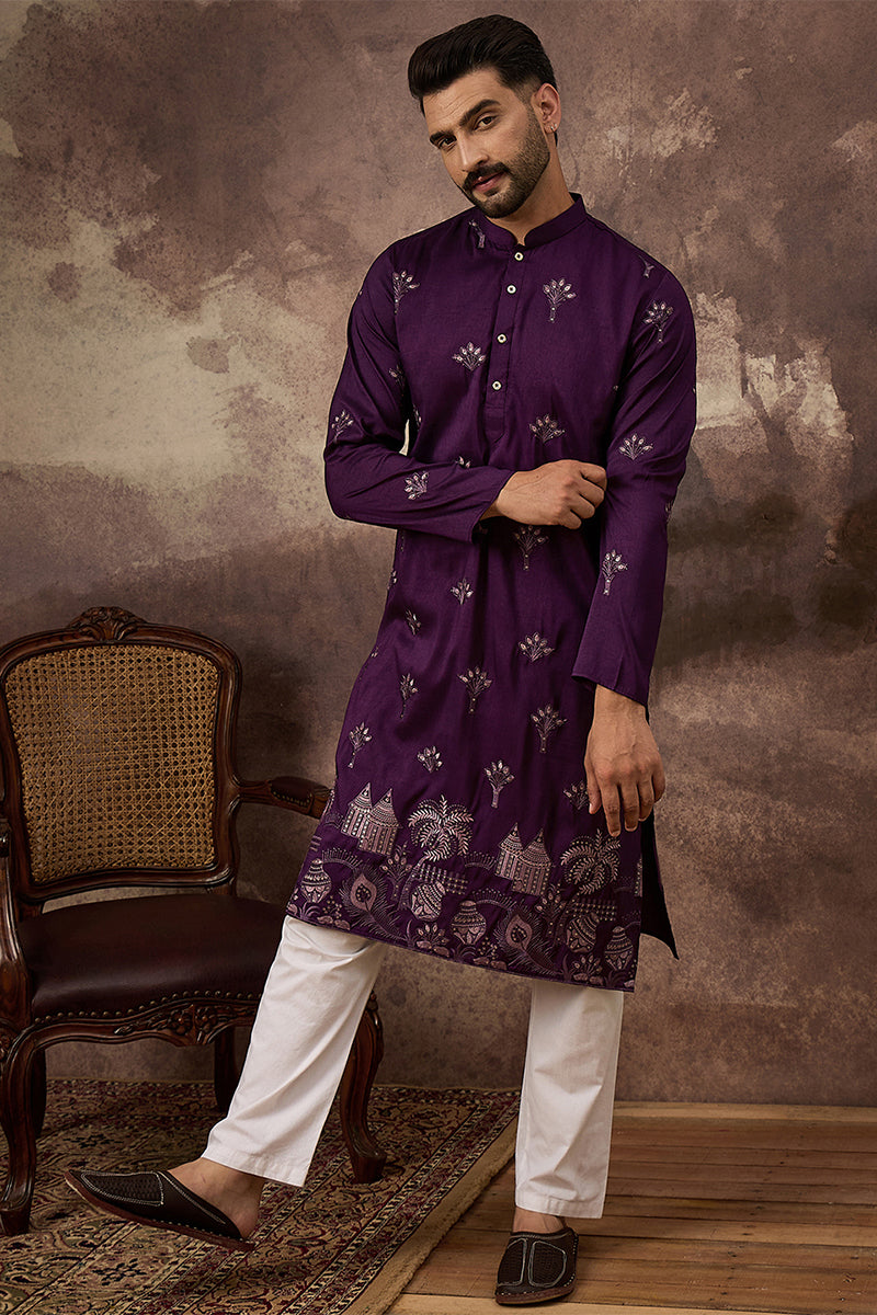 Purple Silk Blend Solid Embroidered Straight Kurta