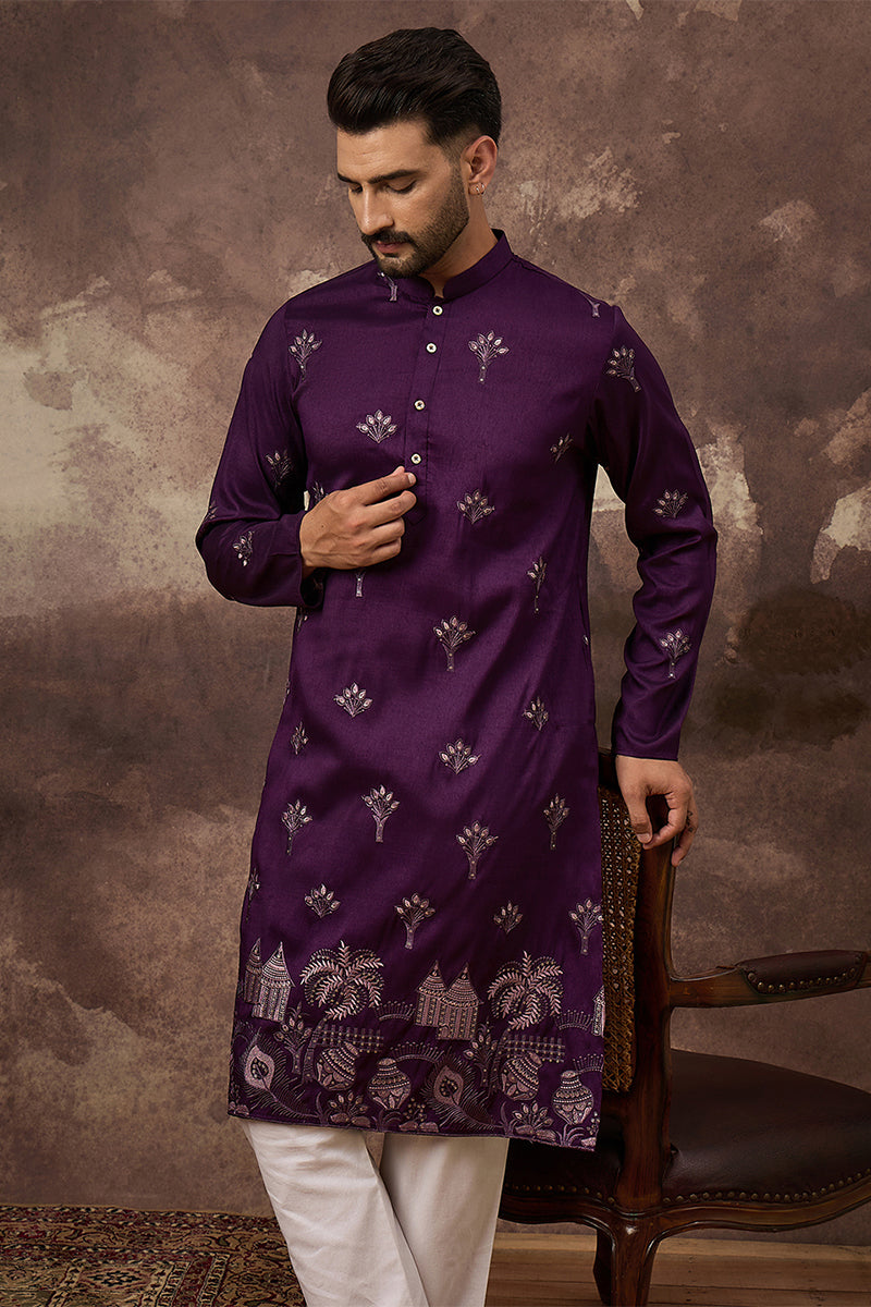 Purple Silk Blend Solid Embroidered Straight Kurta