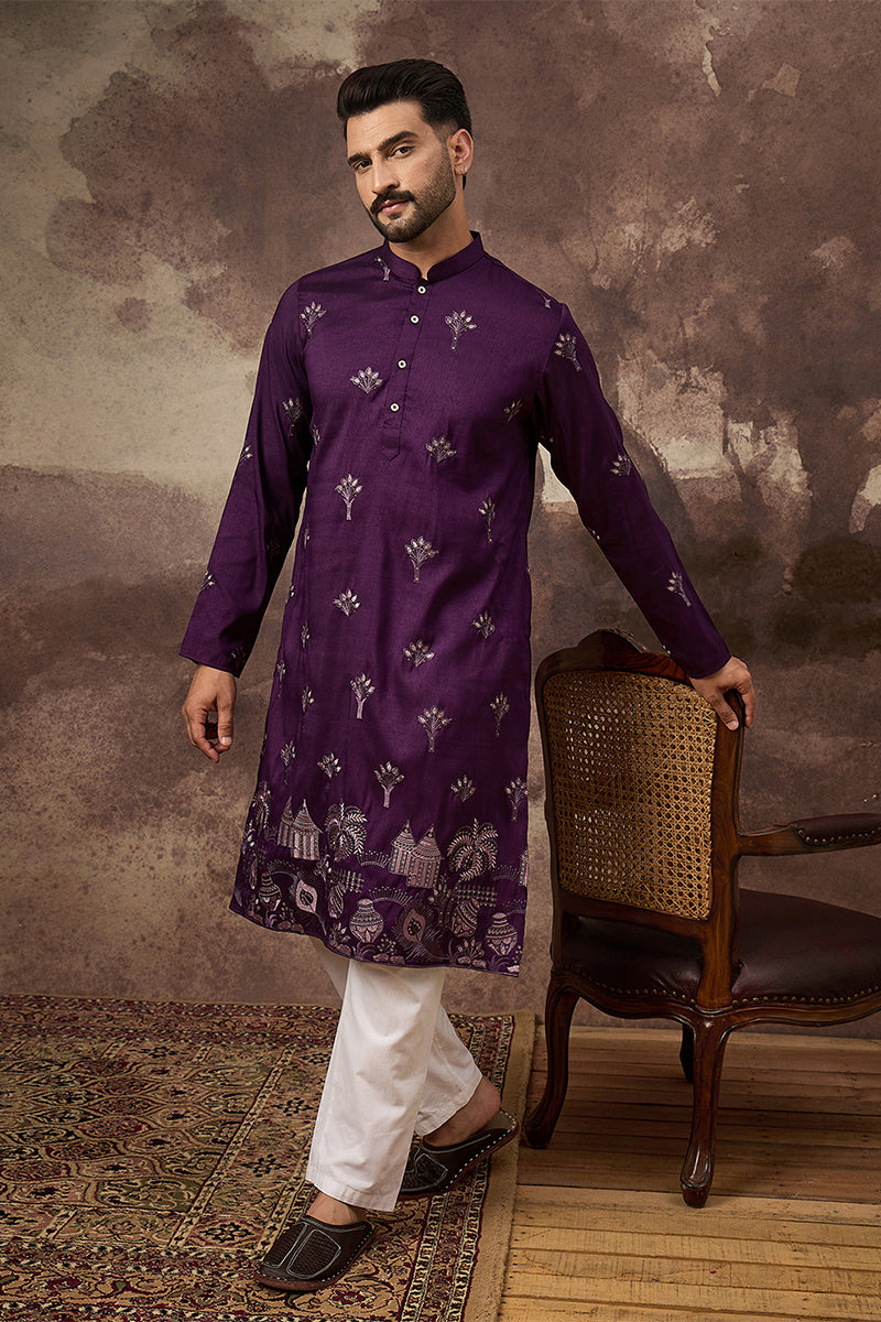 Purple Silk Blend Solid Embroidered Straight Kurta