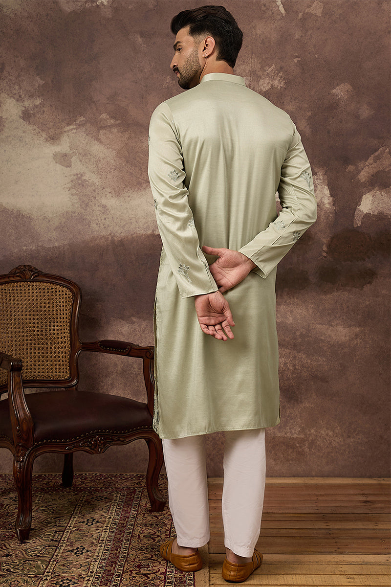 green silk blend solid embroidered straight kurta