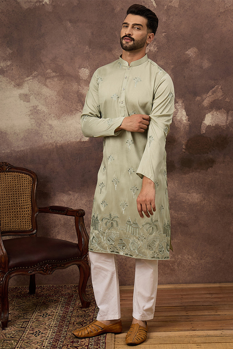 green silk blend solid embroidered straight kurta