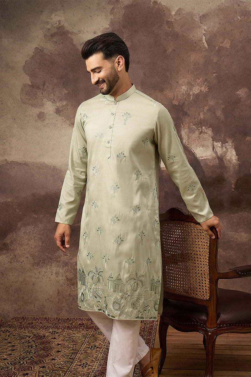 green silk blend solid embroidered straight kurta