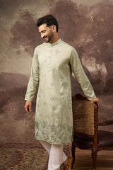 green silk blend solid embroidered straight kurta