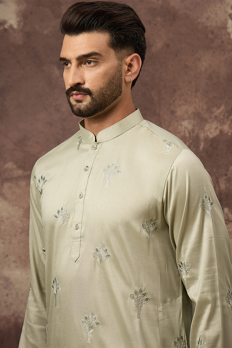 green silk blend solid embroidered straight kurta
