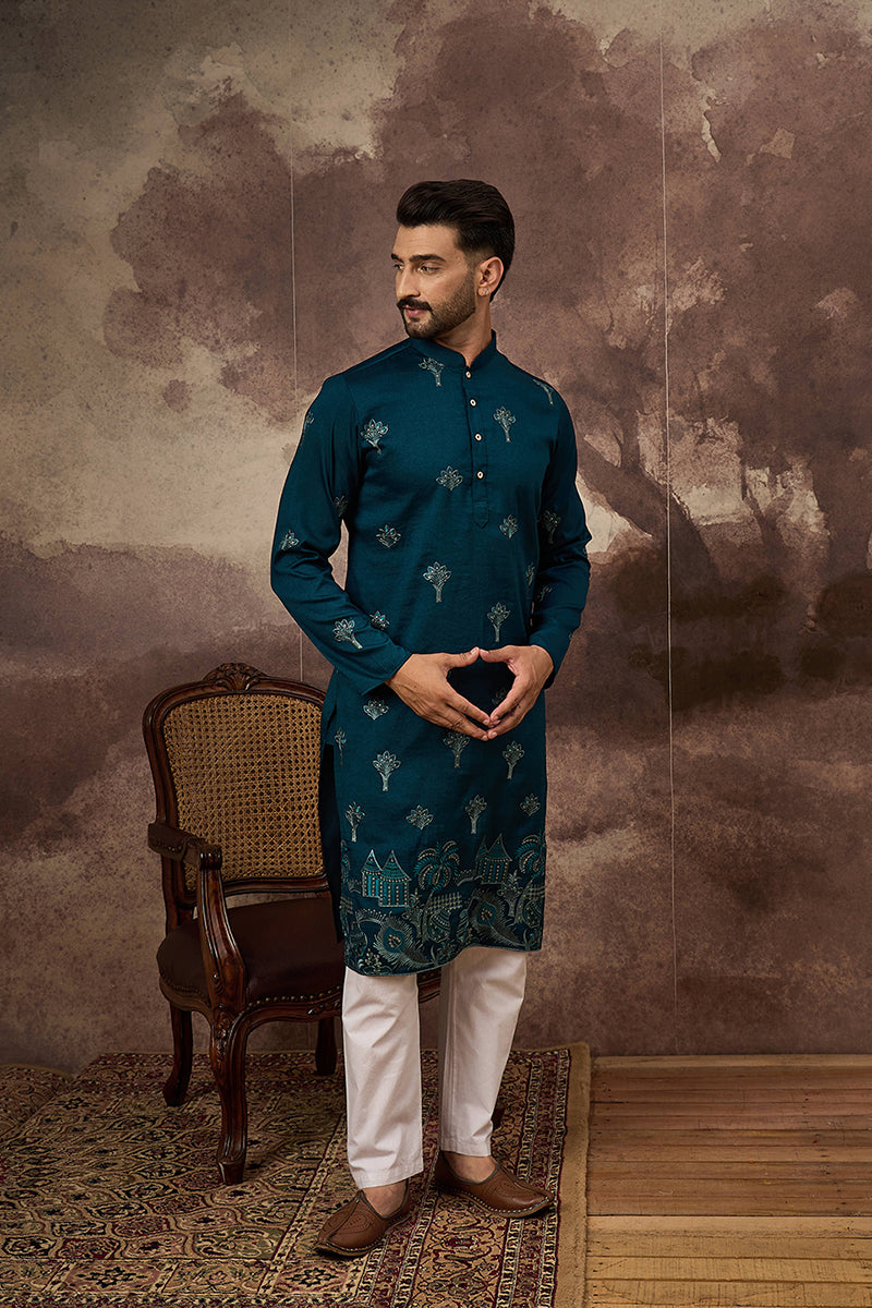 Blue Silk Blend Solid Embroidered Straight Kurta