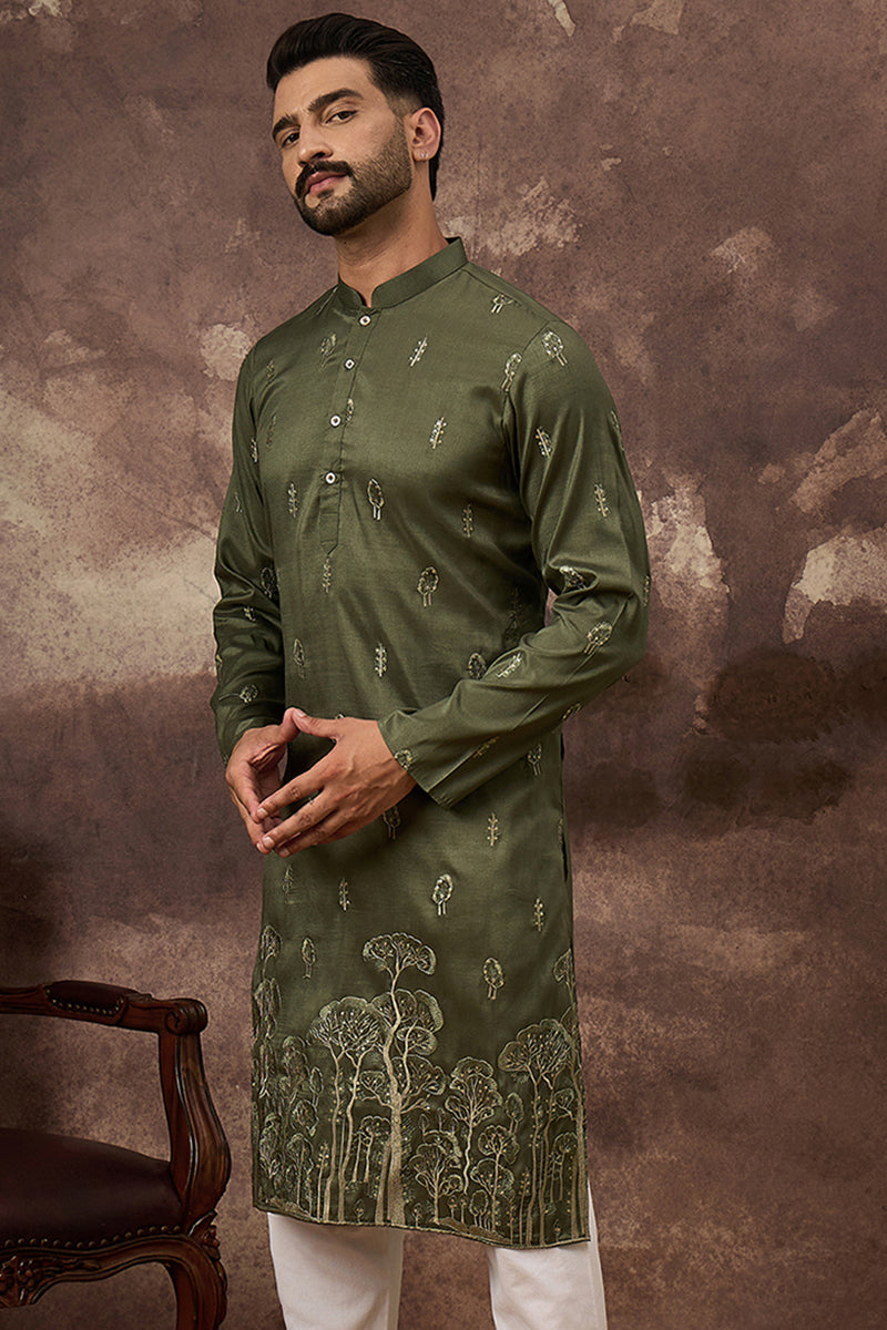 green silk blend solid embroidered straight kurta